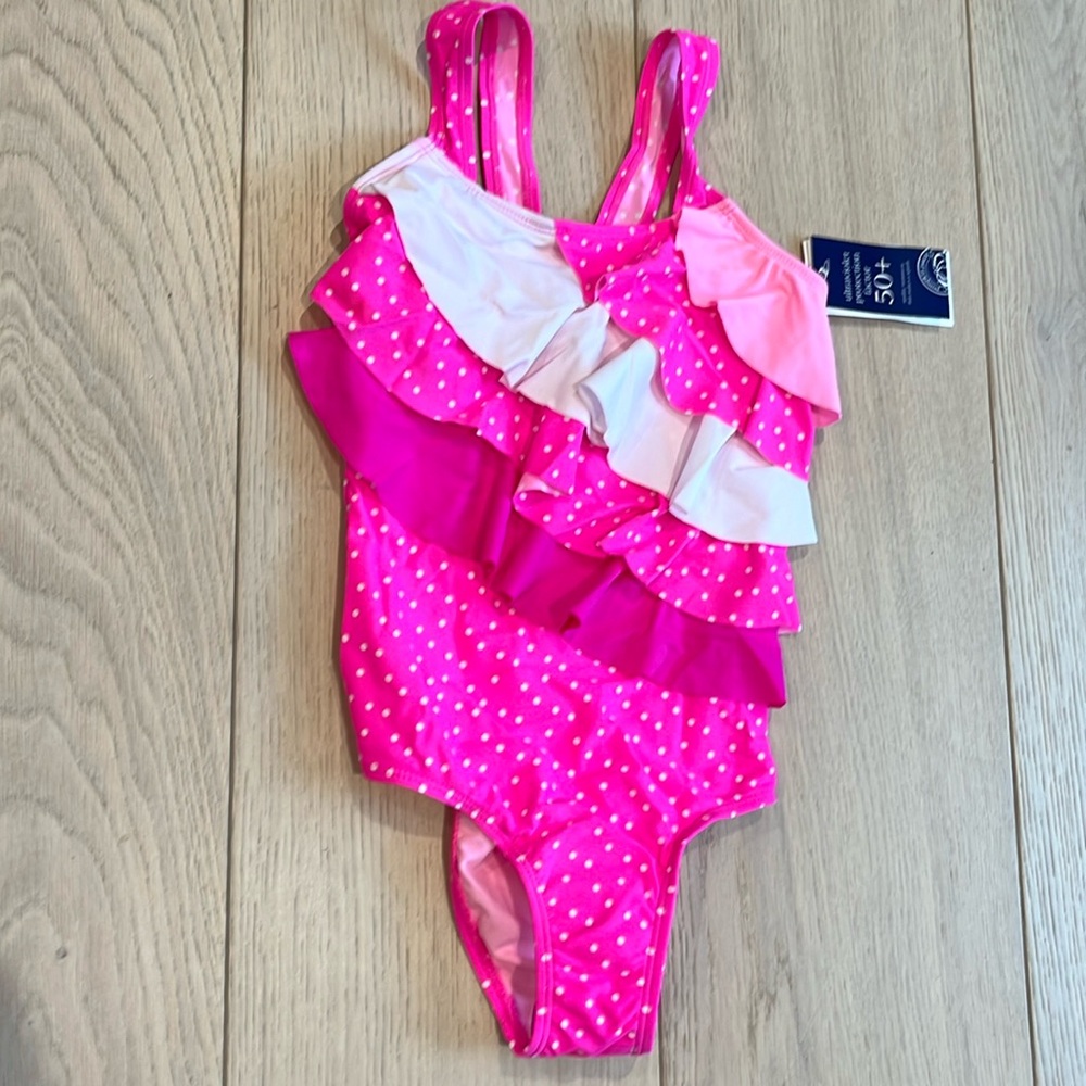 NWT  Pumpkin Patch girls 1 piece swimsuit size 7 SPF 50 pink ruffles dots